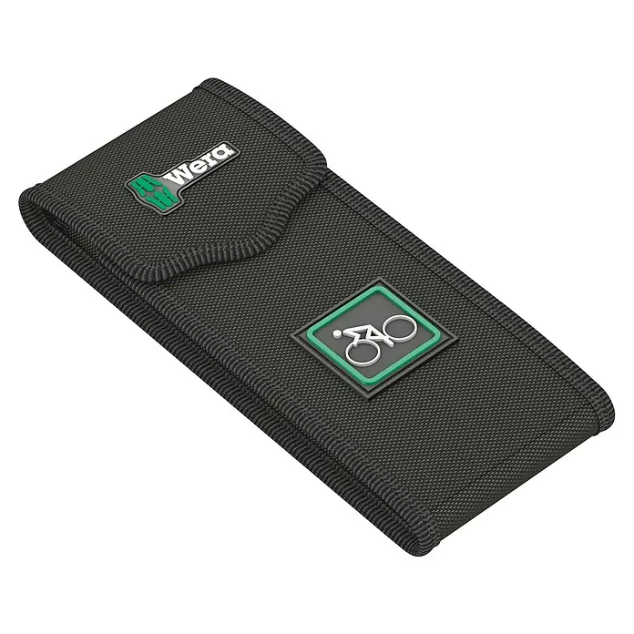 Wera Winkelschlüssel-Set Bicycle Set 4 - 9 -tlg. - Nahaufnahme einer schwarzen Wera Werkzeugtasche mit dem Wera-Logo und einem Fahrrad-Symbol. Ideal für Werkzeugaufbewahrung und -transport.