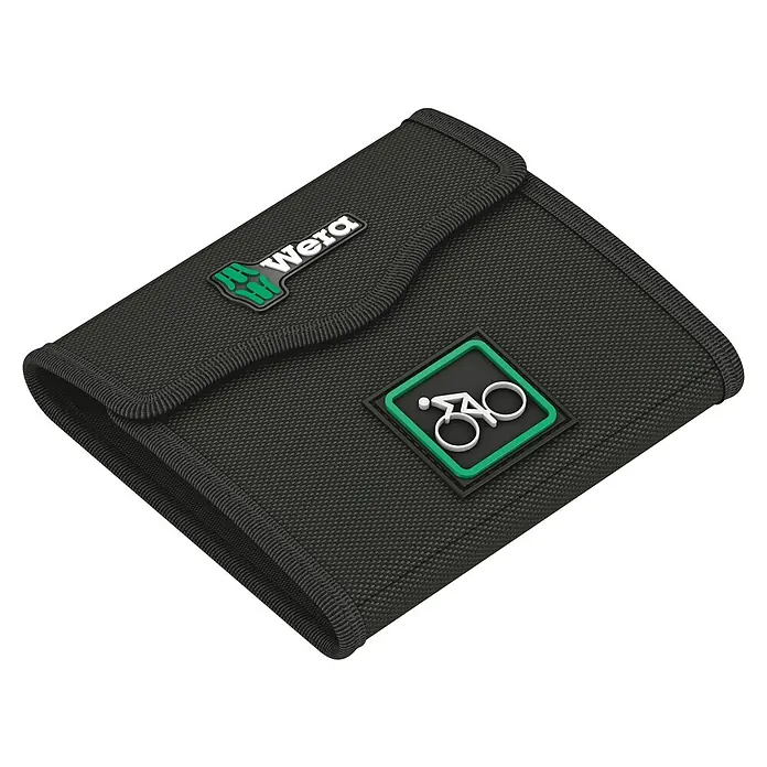 Wera Steckschlüsseleinsatz-Set Bicycle 8 - ⅜″, 7 -tlg. - Schwarze Wera Fahrradtasche mit Logo und Fahrradsymbol für Werkzeug und Zubehör, robust und praktisch für unterwegs.