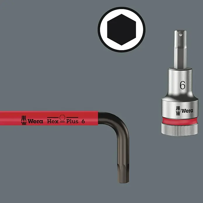 Wera Winkelschlüssel-Set Bicycle Set 4 - 9 -tlg. - Ein Wera Hex-Plus 6 Innensechskantschlüssel und ein passender Steckschlüssel-Einsatz mit der Größe 6 für Schraubarbeiten.