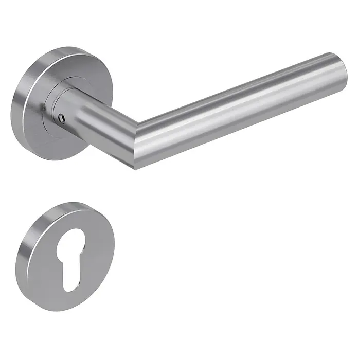 Diamond Doors Modern Zimmertürgarnitur L-Form PZ - Stärke Tür: 38 mm - 45 mm, Edelstahl, Profilzylinder - Türbeschlag-Set aus Edelstahl, bestehend aus einem Türgriff mit Rosette und einem Schlüsselrosettenbeschlag.