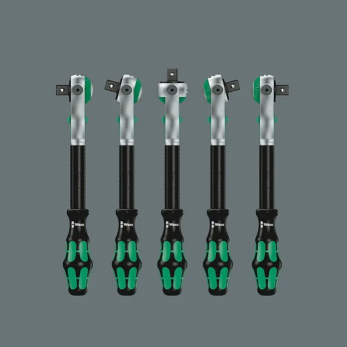 Wera Knarrensatz Bicycle 7 - 27 -tlg. - Fünf Wera-Knarren mit markantem grün-schwarzem Griff, ideal für präzises Arbeiten und hohe Drehmomente in Werkstatt und Montage.