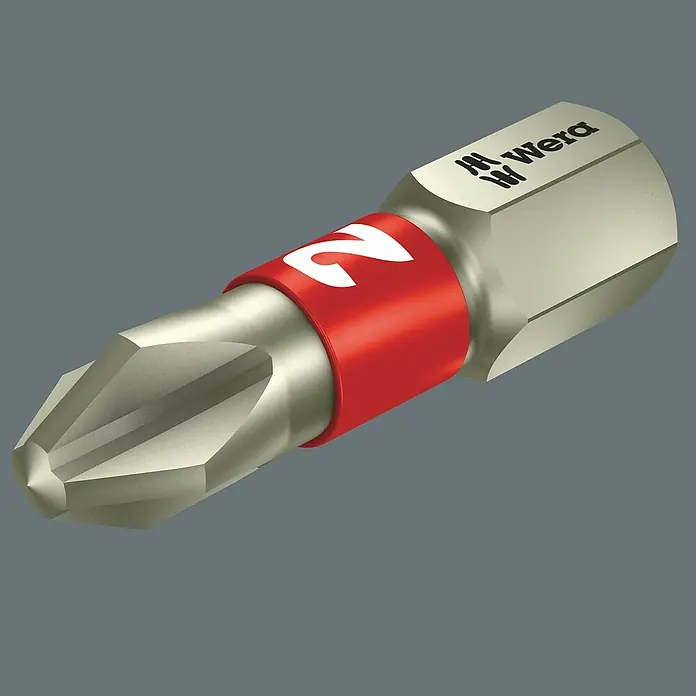 Wera Mini-Schraubendreher-Set Bicycle 5 - 7 -tlg. - Nahaufnahme eines Wera Schrauberbits mit rotem Ring und der Zahl 2, ideal für Schraubarbeiten.