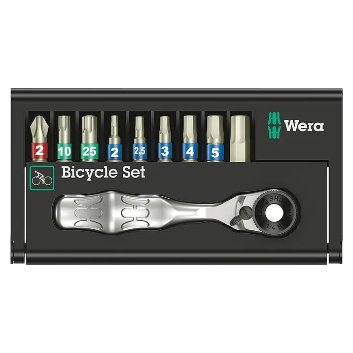 Wera Zyklop Bit- & Ratschen-Set Bicycle 9 - 10 -tlg. - Das Wera Fahrrad-Set bietet Schraubendreher-Bits und eine Ratsche, ideal für Fahrradreparaturen. Kompakt, hochwertig und unverzichtbar für Radfahrer.