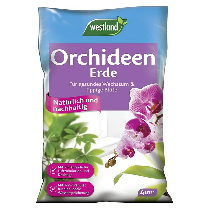 Westland Orchideenerde - 4 l - Abbildung einer Westland Orchideenerde-Verpackung mit dem Hinweis auf gesundes Wachstum und üppige Blüte.