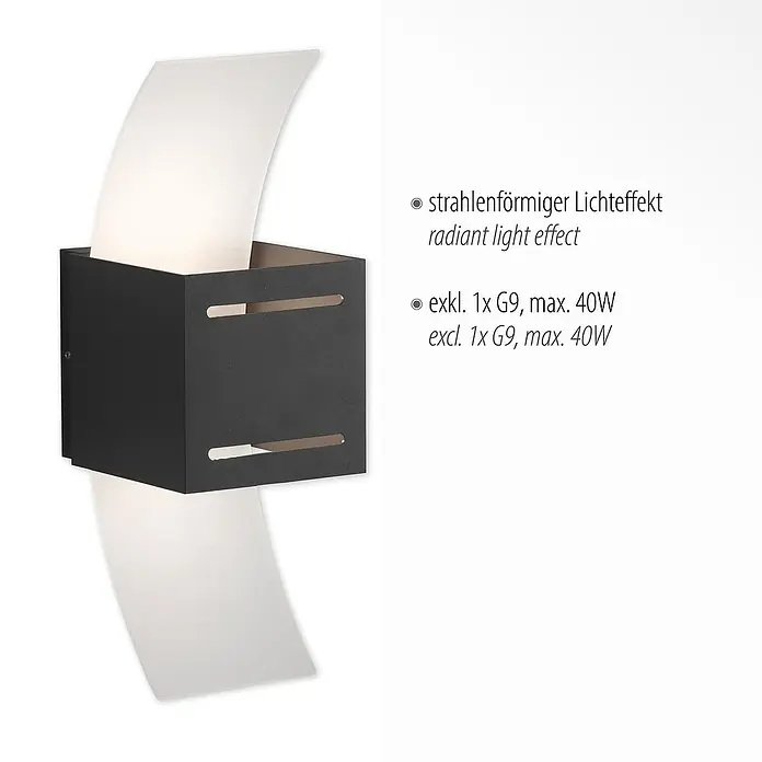 Paul Neuhaus Wandleuchte Orma - L x B x H: 12,6 x 10 x 30 cm, Anthrazit, G9 - Wandleuchte mit strahlenförmigem Lichteffekt, schwarzer Würfel mit geschwungenem Lampenschirm.