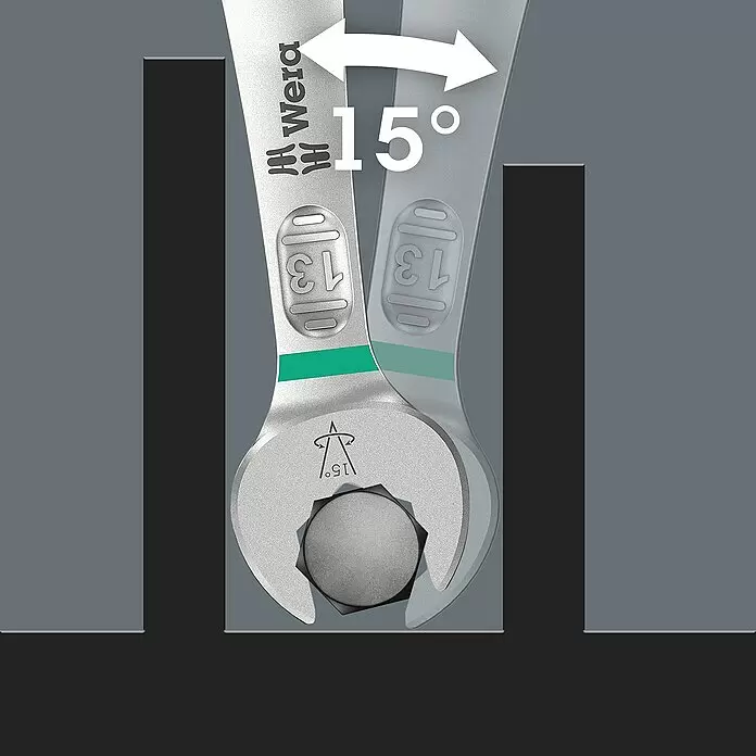 Wera Doppelmaulschlüssel-Satz 6005 JOKER - Schlüsselweite: 6 mm - 13 mm - Zwei silberne Wera Kombinationsschlüssel, einer 15° angewinkelt, drehen eine Sechskantschraube im engen Raum.