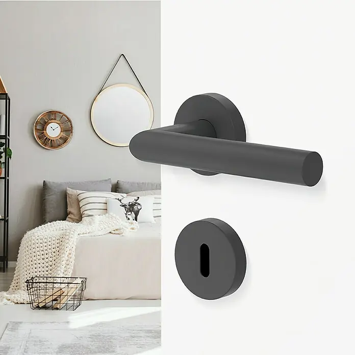 Diamond Doors Modern Zimmertürgarnitur L-Form - Stärke Tür: 40 mm - 45 mm, Buntbart, L-Form, Anthrazit - Elegante schwarze Türklinke mit Rosette. Zeitloses Design für moderne Inneneinrichtung, ideal für Schlafzimmer und Wohnräume.