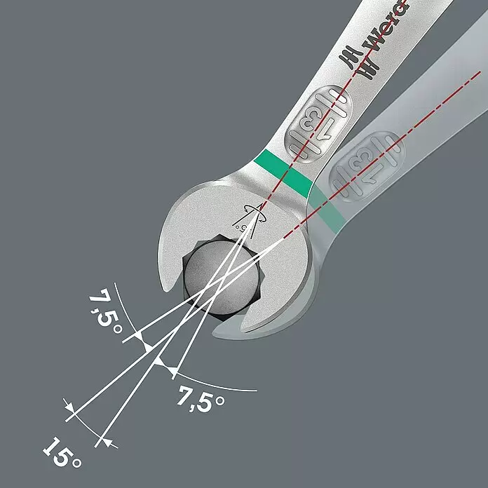 Wera Doppelmaulschlüssel-Satz 6005 JOKER - Schlüsselweite: 6 mm - 13 mm - Silbergrauer Wera Gabelschlüssel auf Sechskantschraube, zeigt 7,5° Rückschwenkwinkel für effektiven 15° Arbeitswinkel.