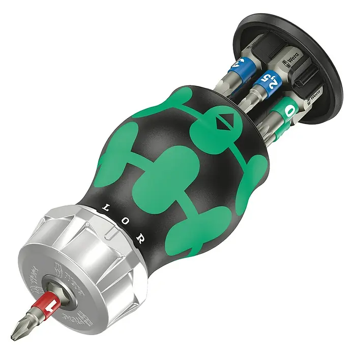 Wera Mini-Schraubendreher-Set Bicycle 5 - 7 -tlg. - Der Wera Bit-Wechsler mit grünem Muster und mehreren Bits. Ideal für präzise Schraubarbeiten, kompakt und vielseitig.