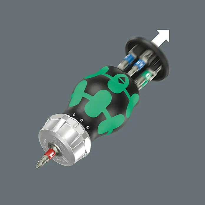 Wera Mini-Schraubendreher-Set Bicycle 5 - 7 -tlg. - Bild eines Wera Kraftform Kompakt 60 Schraubendrehers mit Bitmagazin und verschiedenen Schraubendreherbits.