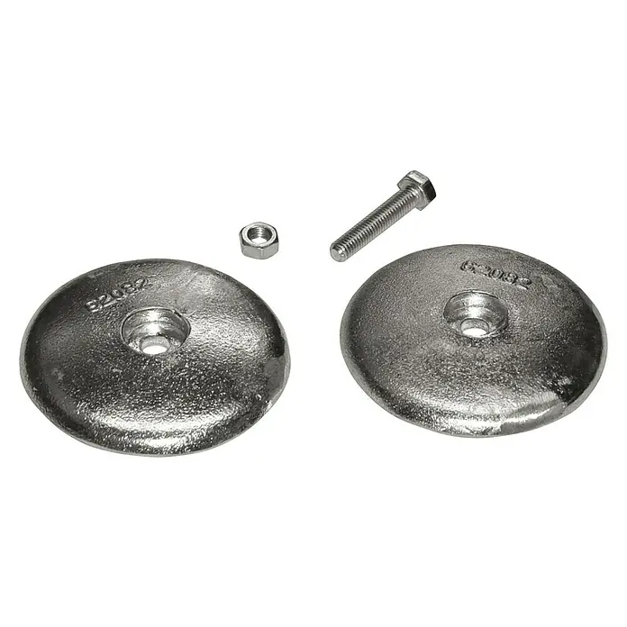 Yachticon Opferanode - Ø x H: 70 x 13 mm, Zink, Salzwasser - Das Bild zeigt einen Satz Bootsfender-Washer, bestehend aus zwei Unterlegscheiben, einer Schraube und einer Mutter.