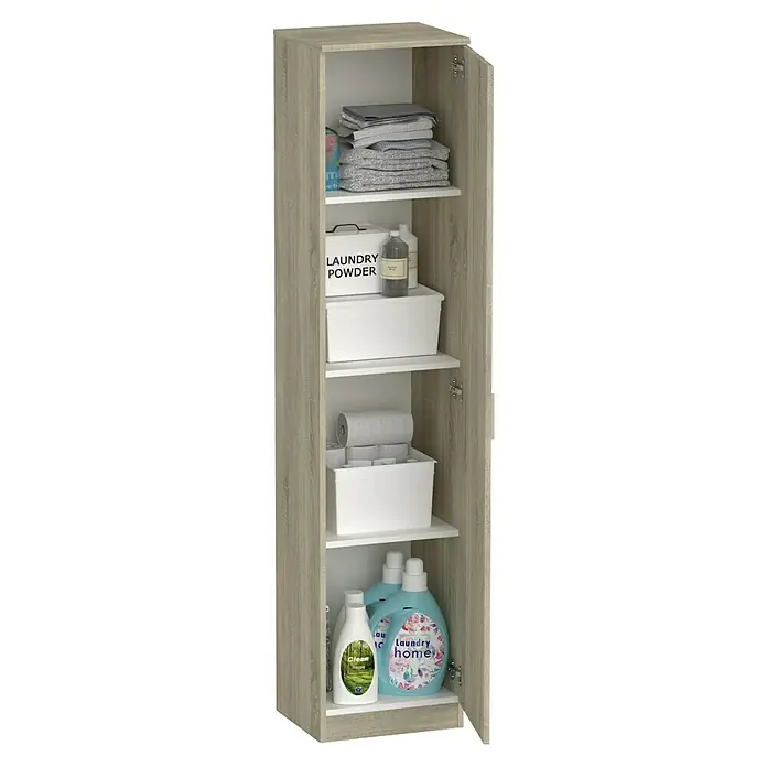 Muebles Pitarch Tibet Armario multiusos de madera - L x An x Al: 35 x 40 x 180 cm, Roble cambrian - Un armario alto de color marrón claro con interior blanco, que contiene ropa, productos de limpieza y otros artículos. Almacenamiento práctico para el hogar.