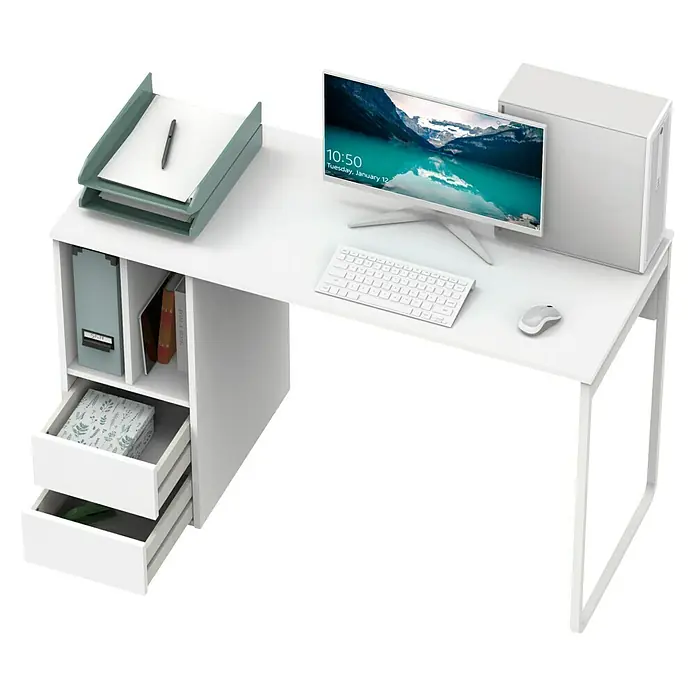 Muebles Pitarch Mesa de escritorio Nolita - L x An x Al: 55 x 120 x 74 cm, Blanco - Escritorio blanco para computadora con monitor, teclado, ratón y compartimentos de almacenamiento para un espacio de trabajo organizado.