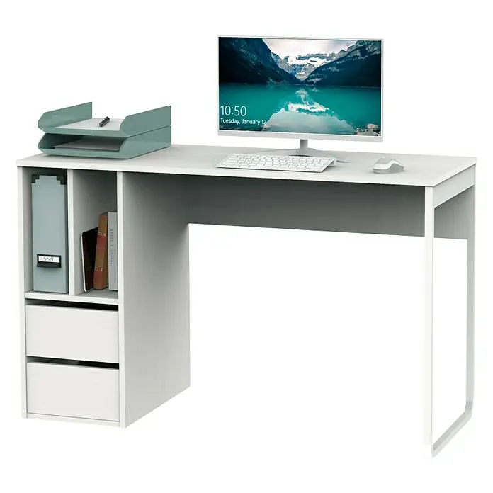 Muebles Pitarch Mesa de escritorio Nolita - L x An x Al: 55 x 120 x 74 cm, Blanco - Escritorio con almacenamiento integrado y diseño minimalista para un estudio moderno u oficina en casa. Incluye monitor, teclado y ratón para comodidad.