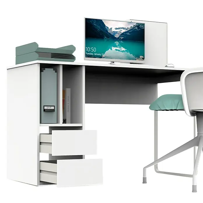 Muebles Pitarch Mesa de escritorio Nolita - L x An x Al: 55 x 120 x 74 cm, Blanco - Escritorio blanco moderno con cajones y compartimentos, perfecto para la oficina en casa o el estudio.