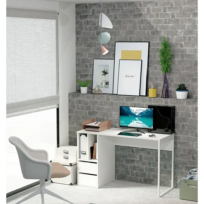 Muebles Pitarch Mesa de escritorio Nolita - L x An x Al: 55 x 120 x 74 cm, Blanco - Elegante oficina en casa con escritorio blanco y unidad de almacenamiento a juego, ideal para un trabajo eficiente.