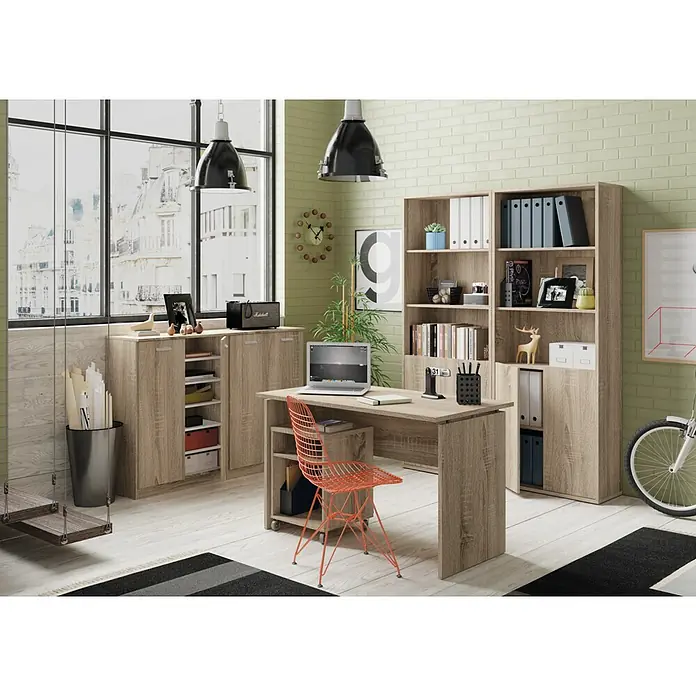 Muebles Pitarch Teide Mesa de escritorio - L x An x Al: 68 x 120 x 76 cm, Roble Cambrian - Espacio de oficina moderno con escritorio, estanterías y armario de madera. Una configuración elegante y funcional para una oficina en casa.