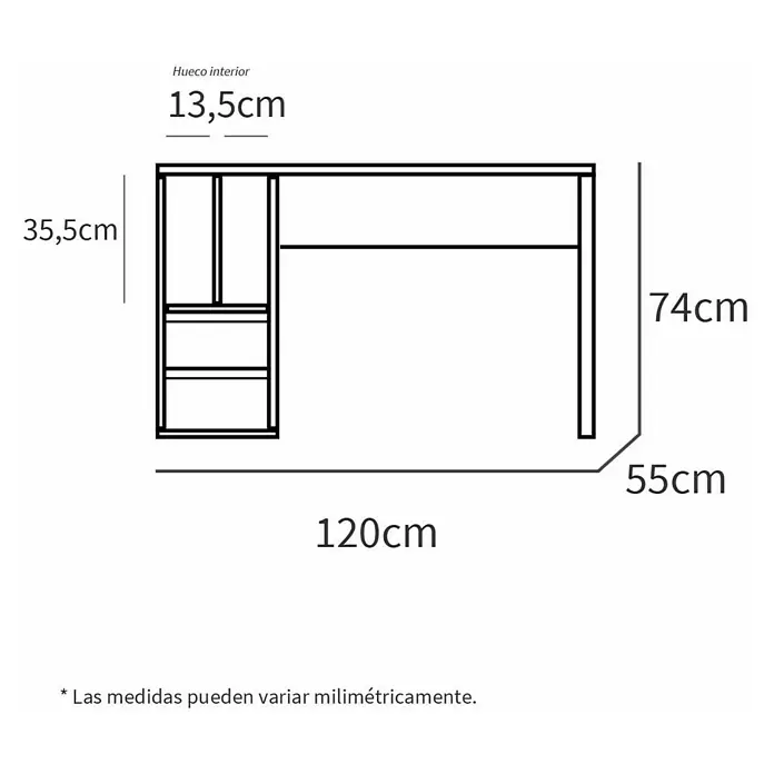 Muebles Pitarch Mesa de escritorio Nolita - L x An x Al: 55 x 120 x 74 cm, Blanco - Esquema de un escritorio con cajones e indicaciones de dimensiones detalladas en centímetros para la descripción del producto.