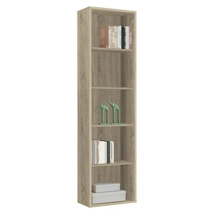 Muebles Pitarch Estantería de madera Oliver - Al x An x Pr: 196,5 x 51,5 x 33 cm, Número de baldas: 5 ud., Atornillado, Roble cambrian - Una estantería alta de aspecto madera con múltiples estantes llenos de libros y figuras decorativas de elefantes, almacenamiento elegante.