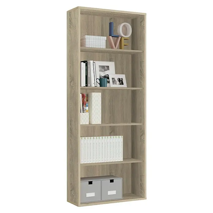 Muebles Pitarch Estantería de madera Oliver - Al x An x Pr: 196,5 x 75,5 x 33 cm, Número de baldas: 5 ud., Atornillado, Roble cambrian - La estantería con aspecto de madera ofrece mucho espacio para libros y objetos decorativos, ideal para cualquier salón moderno.