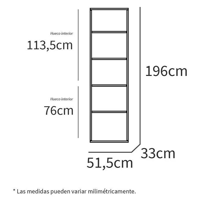 Muebles Pitarch Estantería de madera Oliver - Al x An x Pr: 196,5 x 51,5 x 33 cm, Número de baldas: 5 ud., Atornillado, Roble cambrian - Esquema de una estantería con dimensiones de 196cm de alto, 51,5cm de ancho y 33cm de profundidad, con espacios interiores de 113,5cm y 76cm.