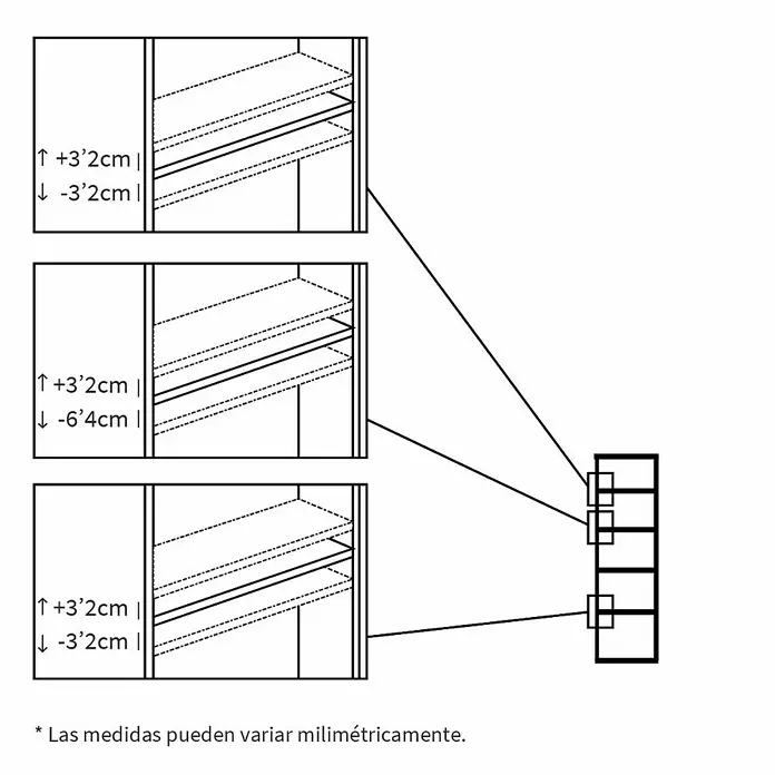 Muebles Pitarch Estantería de madera Oliver - Al x An x Pr: 196,5 x 51,5 x 33 cm, Número de baldas: 5 ud., Atornillado, Roble cambrian - Dibujo detallado de un sistema de estanterías con dimensiones para el ajuste de altura de los estantes para un diseño de espacio flexible.