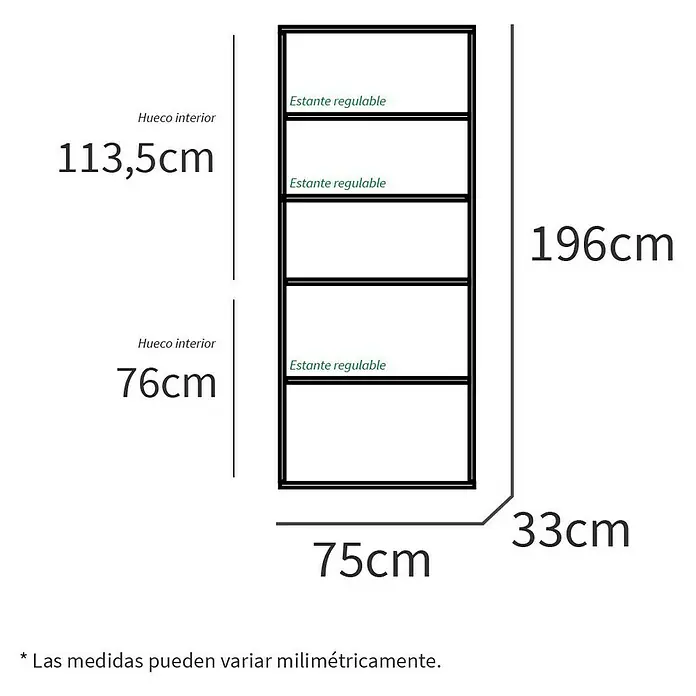 Muebles Pitarch Estantería de madera Oliver - Al x An x Pr: 196,5 x 75,5 x 33 cm, Número de baldas: 5 ud., Atornillado, Roble cambrian - Ilustración de una estantería con estantes ajustables, incluyendo medidas de altura, anchura y profundidad.