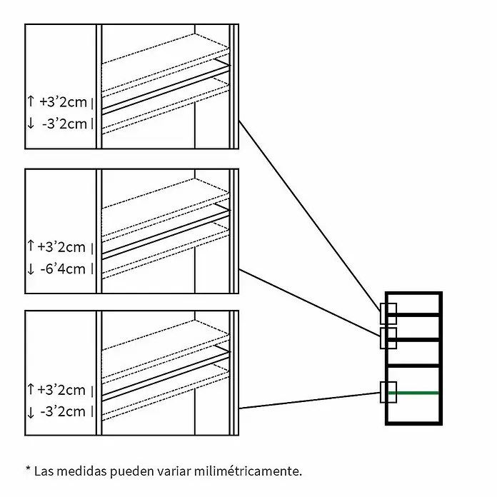 Muebles Pitarch Estantería de madera Oliver - Al x An x Pr: 196,5 x 75,5 x 33 cm, Número de baldas: 5 ud., Atornillado, Roble cambrian - Un dibujo esquemático detallado de un armario con estantes ajustables y medidas.