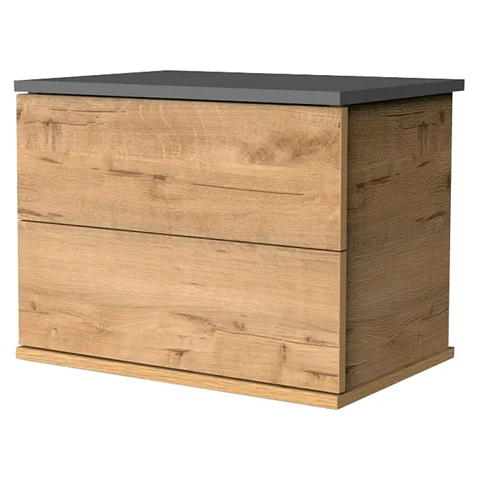 Muebles Pitarch Cabecero de cama con mesitas Erika - Roble gold/Grafito - Cómoda moderna de madera con dos cajones y superficie gris. Mueble elegante para espacio adicional en cualquier estancia.