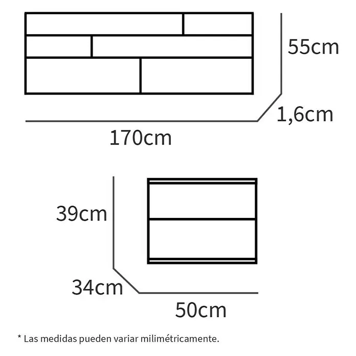 Muebles Pitarch Cabecero de cama con mesitas Erika - Roble gold/Grafito - Dibujo esquemático del producto, indicando las dimensiones 170cm x 55cm x 1,6cm (superior) y 50cm x 39cm x 34cm (inferior).