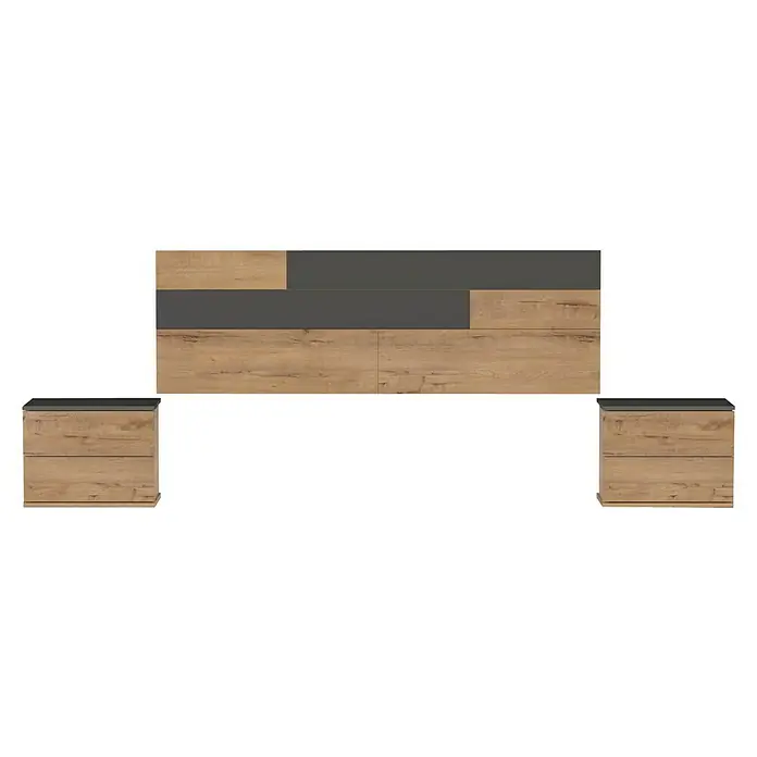 Muebles Pitarch Cabecero de cama con mesitas Erika - Roble gold/Grafito - Un elegante juego de dormitorio con un cabecero de madera y mesitas de noche a juego, que combinan diseño moderno y funcionalidad.