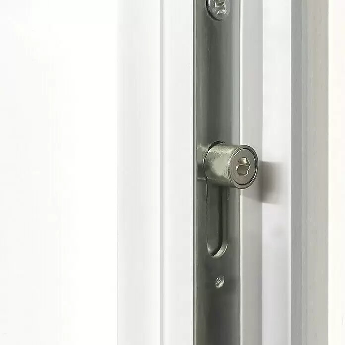Solid Elements Nebeneingangstür KF-02 - 88 x 198 cm, DIN Anschlag: Rechts, Weiß - Silberner Metall-Tür- oder Fensterverriegelungsmechanismus mit Sechskantschraubenkopf.