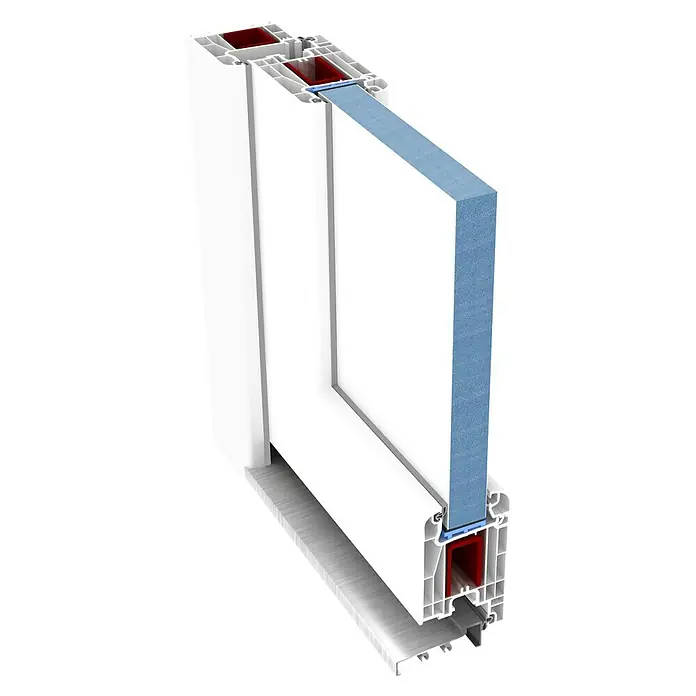 Nebeneingangstür KF-04 - 98 x 198 cm, DIN Anschlag: Links, Weiß - Querschnitt eines weißen PVC-Fensters mit blauer Isolierung und roter Verstärkung für verbesserte Wärmedämmung.