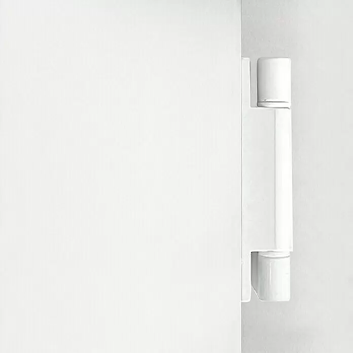 Nebeneingangstür KF-04 - 98 x 198 cm, DIN Anschlag: Links, Weiß - Weißes Türscharnier verbindet zwei weiße Platten.