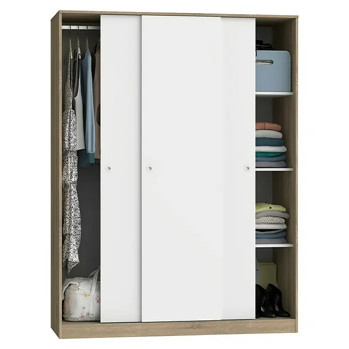 Muebles Pitarch Tibet Armario de puertas correderas - L x An x Al: 55 x 150 x 200 cm, Blanco/Roble cambrian - Un armario espacioso con puertas correderas blancas y un marco con aspecto de madera ofrece un amplio espacio para ropa y accesorios.