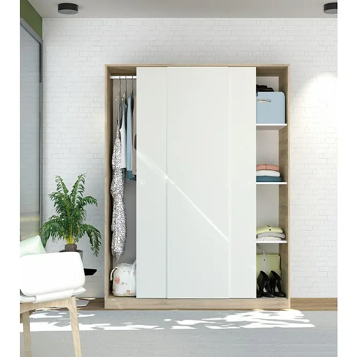 Muebles Pitarch Tibet Armario de puertas correderas - L x An x Al: 55 x 150 x 200 cm, Blanco/Roble cambrian - Elegante sistema de armario con puertas correderas y estantes, ideal para espacios modernos para un almacenamiento elegante de ropa y accesorios.
