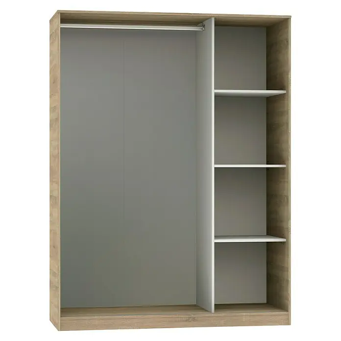 Muebles Pitarch Tibet Armario de puertas correderas - L x An x Al: 55 x 150 x 200 cm, Blanco/Roble cambrian - Vista interior de un armario con estructura de madera, barra para colgar ropa y estantes. Amplio espacio de almacenamiento para ropa.