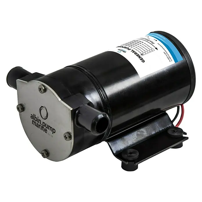 Albin Pump Impellerpumpe FIP F2 - Spannung: 12 V, Max. Fördermenge: 30 l/min - Das Bild zeigt eine Albin Pump Marine Allzweckpumpe, eine robuste und zuverlässige Pumpe für verschiedene maritime Anwendungen.