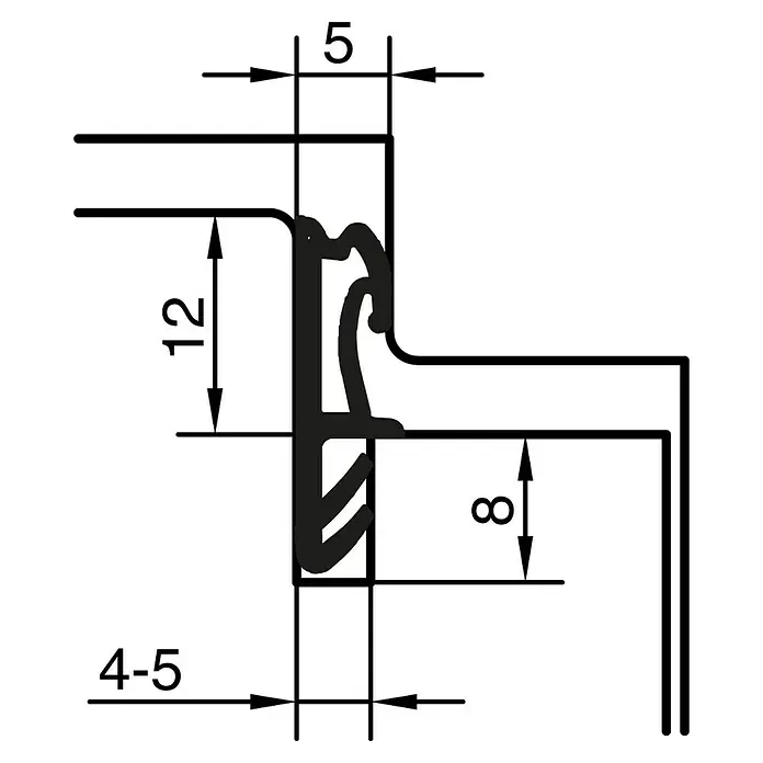 Primo Universaldichtung Lignum F 45 - Schwarz, 6 m, Passend für: Nutbreite 4 – 5 mm - Detailansicht einer Dichtung mit Maßangaben. Die Konstruktionszeichnung zeigt eine Dichtung für Fenster oder Türen mit diversen Maßen.