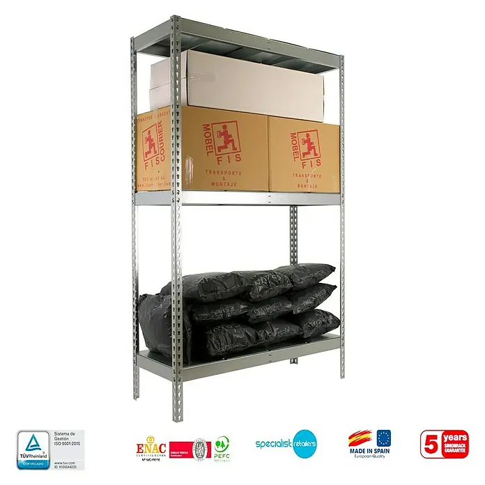 Simonrack Simontaller Estantería para cargas pesadas Metal - Al x An x Pr: 200 x 150 x 45 cm, Capacidad de carga por balda: 400 kg, Número de baldas: 3 ud., Inserción, Galvanizado - Estantería metálica gris de dos estantes cargada con cajas y sacos, ideal para almacenamiento.