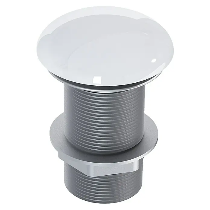Inspira Ablaufventil - 1 ¼″, White, Permanent geöffnet - Nahaufnahme eines glänzenden, weißen Waschbeckenstöpsels mit Gewinde und metallischen Akzenten auf einem neutralen Hintergrund.