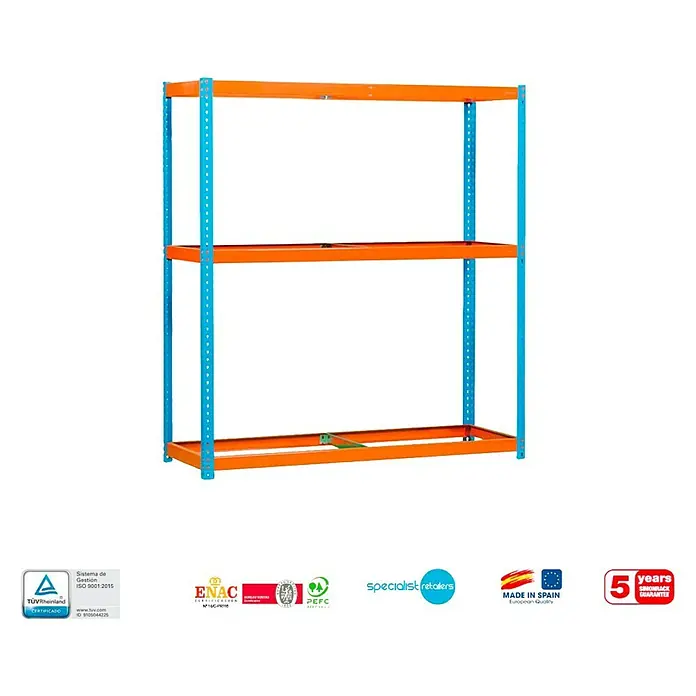 Simonrack Simonforte Estantería para cargas pesadas - Al x An x Pr: 200 x 180 x 90 cm, Número de baldas: 3 ud., Inserción, Azul/Naranja, Capacidad de carga por balda: 600 kg - Representación de una estantería de almacenamiento azul y naranja de tres niveles con sellos de garantía y certificaciones asociadas.