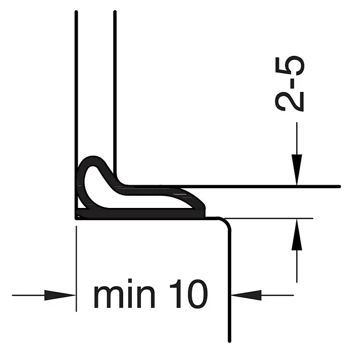 Primo Universaldichtung Densa 25 - Grau, 6 m, Passend für: Fenster, Türen, Möbel mit Spaltenbreite 2 – 5 mm - Dichtungsprofil mit Maßangaben, das ein Minimum von 10 mm in der Breite und eine Höhe von 2-5 mm aufweist, dargestellt in einer technischen Zeichnung.