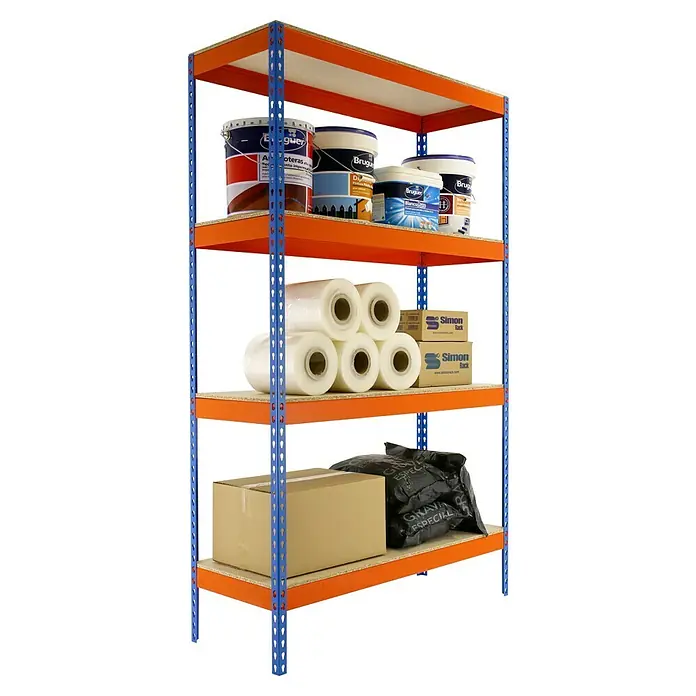 Simonrack Ecoforte Estantería para cargas pesadas Chipboard - Al x An x Pr: 200 x 120 x 45 cm, Capacidad de carga por balda: 400 kg, Número de baldas: 4 ud., Inserción, Azul/Naranja - Estantería que exhibe cubetas de pintura, envoltura de embalaje, cajas de cartón y un saco en sus cuatro estantes.