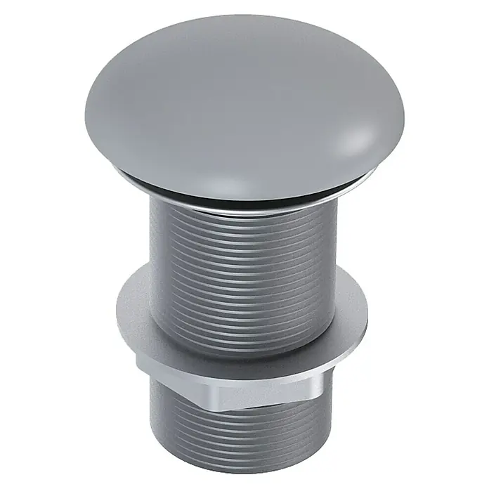 Inspira Ablaufventil - 1 ¼″, Light Grey, Permanent geöffnet - Nahaufnahme eines grauen, zylindrischen Ablaufventils mit Gewinde und rundem Kopf. Ein funktionales Detail für Badezimmer und Küchen.