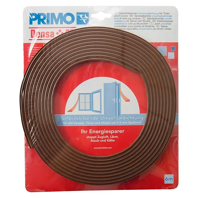Primo Universaldichtung Densa 25 - Braun, 6 m, Passend für: Fenster, Türen, Möbel mit Spaltenbreite 2 – 5 mm - Selbstklebende Universaldichtung von Primo Densa, ideal für Fenster und Türen, stoppt Zugluft und Lärm, 6m.