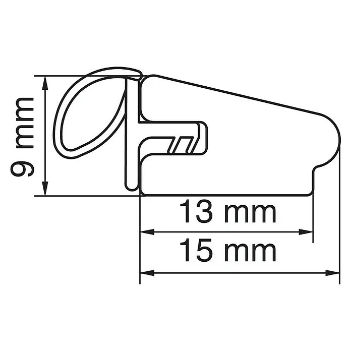 Primo Zargenleiste - Weiß, 2,2 m x 15 mm x 9 mm - Produktbild mit Maßen: Die Abbildung zeigt ein Profil mit den Maßen 9 mm Höhe, 13 mm und 15 mm Breite.