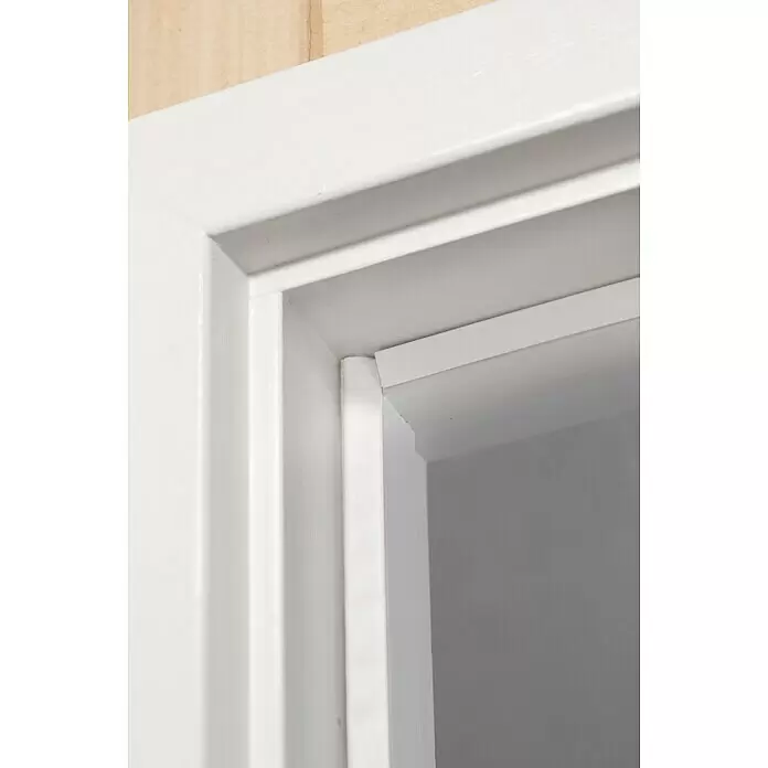 Primo Universaldichtung Densa 25 - Weiß, 6 m, Passend für: Fenster, Türen, Möbel mit Spaltenbreite 2 – 5 mm - Nahaufnahme der oberen Ecke eines weißen Türrahmens, der eine Türöffnung umgibt.