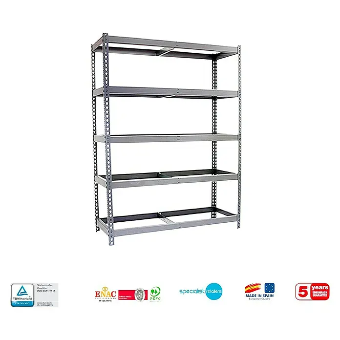 Simonrack Ecoforte Estantería para cargas pesadas Metal - Al x An x Pr: 200 x 150 x 60 cm, Número de baldas: 5 ud., Inserción, Galvanizado, Capacidad de carga por balda: 400 kg, Bandejas no incluidas - Estantería metálica gris de cinco niveles para almacenamiento o exhibición.