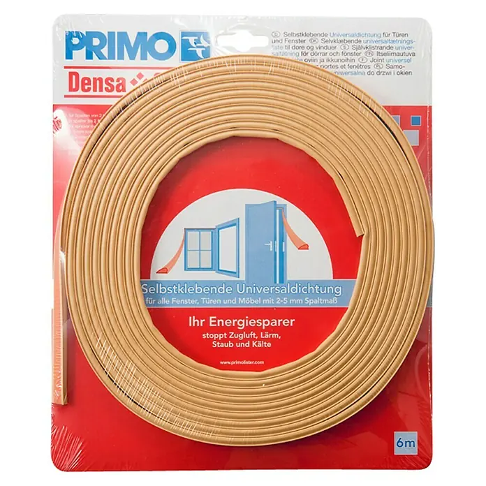 Primo Universaldichtung Densa 25 - Beige, 6 m, Passend für: Fenster, Türen, Möbel mit Spaltenbreite 2 – 5 mm - Bild der PRIMO Densa selbstklebenden Universaldichtung für Fenster und Türen, 6 Meter Rolle, zur Abdichtung von 2-5mm breiten Spalten.